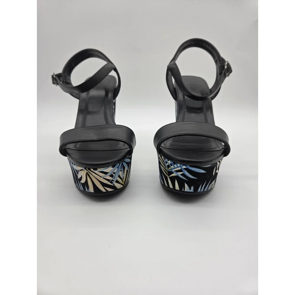 Charlotte Russe‎ Wedge Sandals 7 Black Womens Tropical Palm Leaf Platform Heels